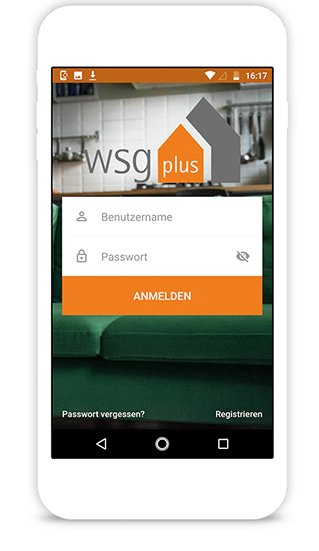 Smartphone mit Startbildschirm der WSG-App 