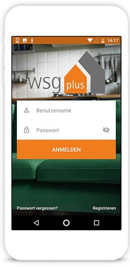 Smartphone mit Startbildschirm der WSG-App 