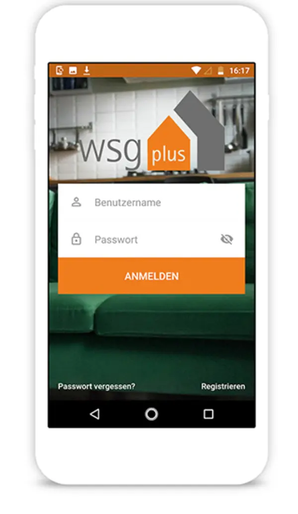 Smartphone mit Startbildschirm der WSG-App 