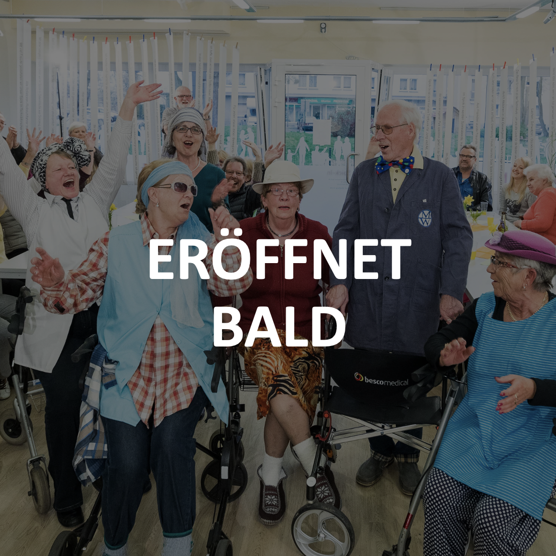 WSG Nachbarschaftstreff Neueröffnung Gruppe von feiernden Menschen mit dem Text "Eröffnet bald"