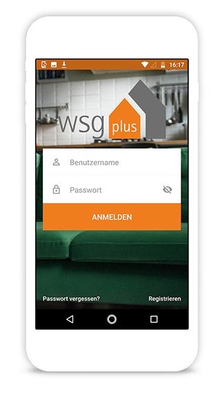 WSG Plus App Smartphone mit Startbildschirm der WSG-App